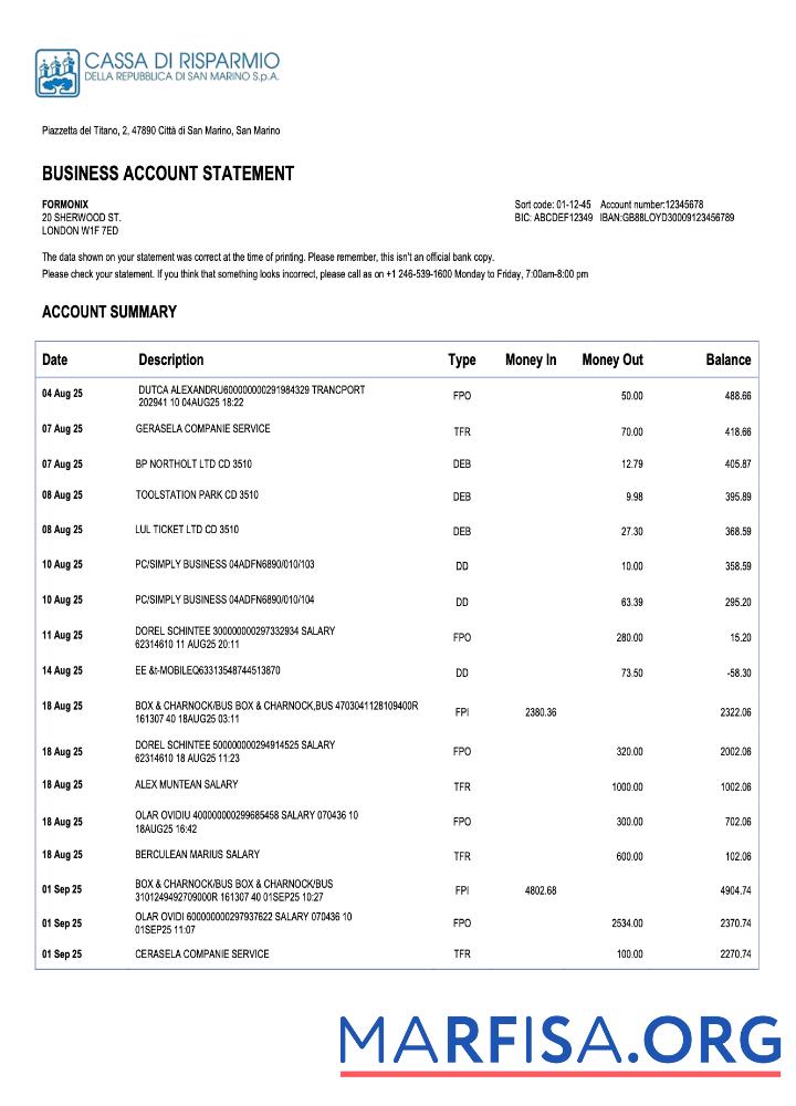 Printable San Marino Cassa di Risparmio bank firm account statement Word and PDF template